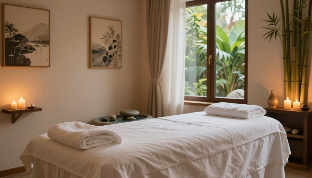 A serene and inviting spa interior in Istanbul, featuring a luxurious massage room. The foreground showcases a beautifully arranged massage table draped in soft, white linens, with candles flickering on either side, casting a warm glow. In the middle ground, there's a large window with sheer curtains softening the sunlight, revealing a view of lush greenery outside. The walls are adorned with calming artwork and bamboo accents, enhancing the tranquil atmosphere. In the background, you can see a soothing water feature with smooth stones, creating a peaceful sound. The overall lighting is soft and ambient, evoking a sense of relaxation and comfort, ideal for a rejuvenating massage experience. A serene and inviting spa interior in Istanbul, featuring a luxurious massage room. The foreground showcases a beautifully arranged massage table draped in soft, white linens, with candles flickering on either side, casting a warm glow. In the middle ground, there's a large window with sheer curtains softening the sunlight, revealing a view of lush greenery outside. The walls are adorned with calming artwork and bamboo accents, enhancing the tranquil atmosphere. In the background, you can see a soothing water feature with smooth stones, creating a peaceful sound. The overall lighting is soft and ambient, evoking a sense of relaxation and comfort, ideal for a rejuvenating massage experience.