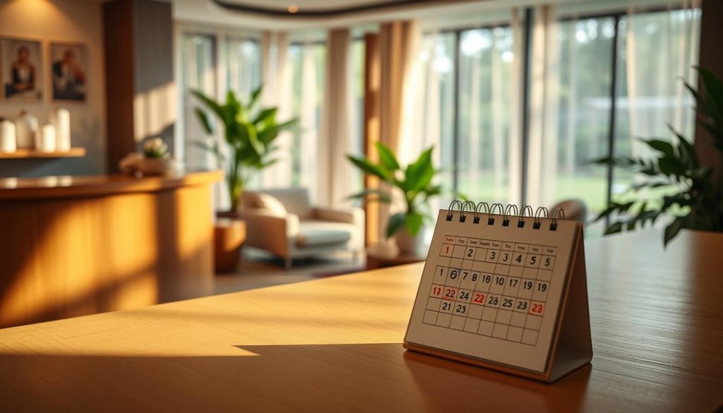 A serene and inviting spa reservation scene, focusing on a beautifully arranged reception area. In the foreground, a stylish wooden reception desk with a small calendar open, showcasing dates marked for appointments. Soft, warm lighting illuminates the space, casting gentle shadows that enhance the relaxed atmosphere. In the middle ground, plush seating and calming green plants add to the tranquil environment. The background features large windows with sheer curtains allowing natural light to flow in, revealing glimpses of a peaceful garden outside. The overall mood is one of relaxation and professionalism, suggesting effective time management and discount opportunities. The color palette consists of soft earth tones and soothing greens, enhancing the overall sense of calm. A serene and inviting spa reservation scene, focusing on a beautifully arranged reception area. In the foreground, a stylish wooden reception desk with a small calendar open, showcasing dates marked for appointments. Soft, warm lighting illuminates the space, casting gentle shadows that enhance the relaxed atmosphere. In the middle ground, plush seating and calming green plants add to the tranquil environment. The background features large windows with sheer curtains allowing natural light to flow in, revealing glimpses of a peaceful garden outside. The overall mood is one of relaxation and professionalism, suggesting effective time management and discount opportunities. The color palette consists of soft earth tones and soothing greens, enhancing the overall sense of calm.