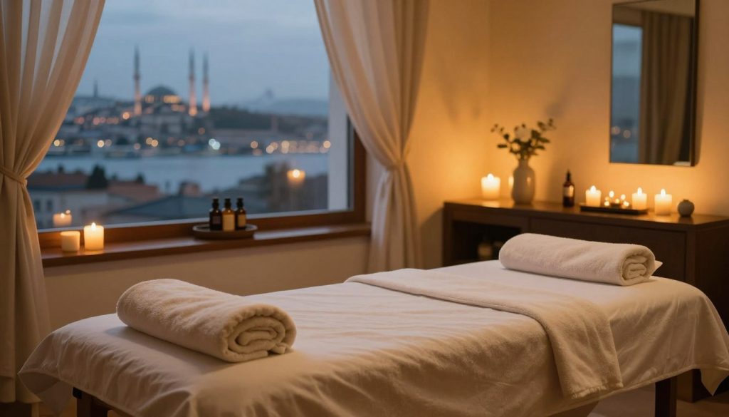 A serene and inviting spa setting in Istanbul during the evening, showcasing a tranquil massage room softly illuminated by warm, ambient lighting. In the foreground, a neatly arranged massage table with plush towels and soothing aromatherapy oils creates an atmosphere of relaxation. The middle ground features elegant décor, including calming candles and flowing curtains that gently sway in the breeze. In the background, a large window reveals a glimpse of Istanbul’s skyline at dusk, adding a sense of place. The overall mood is peaceful and restorative, emphasizing holistic customer experiences, with a focus on comfort and serenity. The scene is free of any people, allowing viewers to immerse themselves in the ambiance of rejuvenation. A serene and inviting spa setting in Istanbul during the evening, showcasing a tranquil massage room softly illuminated by warm, ambient lighting. In the foreground, a neatly arranged massage table with plush towels and soothing aromatherapy oils creates an atmosphere of relaxation. The middle ground features elegant décor, including calming candles and flowing curtains that gently sway in the breeze. In the background, a large window reveals a glimpse of Istanbul’s skyline at dusk, adding a sense of place. The overall mood is peaceful and restorative, emphasizing holistic customer experiences, with a focus on comfort and serenity. The scene is free of any people, allowing viewers to immerse themselves in the ambiance of rejuvenation.