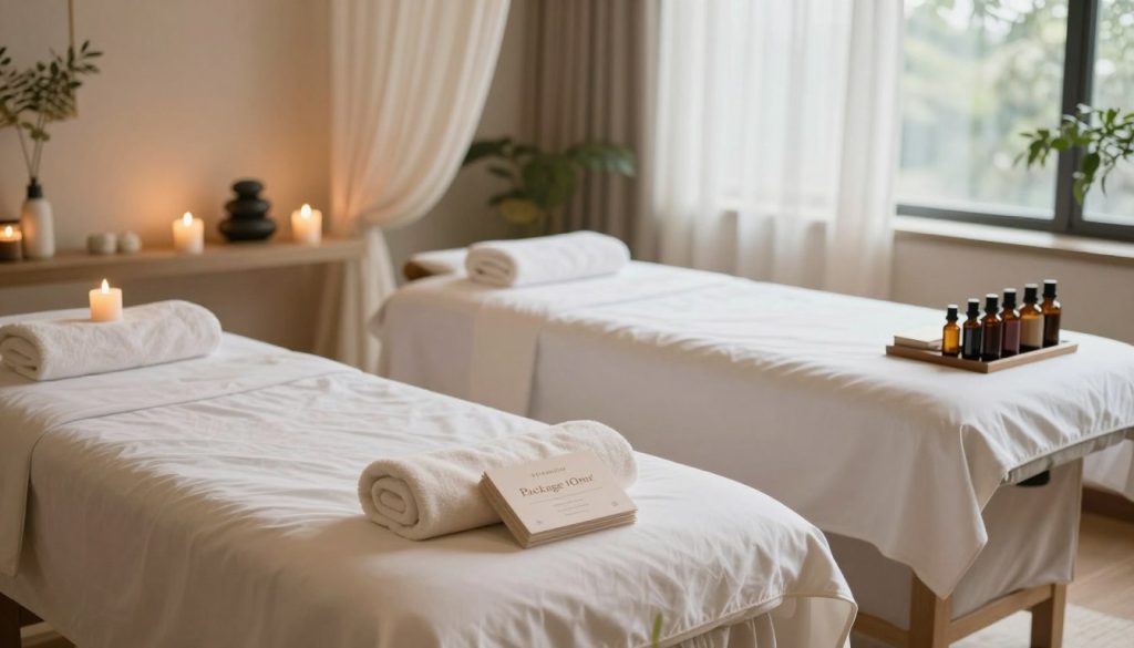 A serene and inviting spa setting showcasing a comparison between a single massage session and a package of sessions. In the foreground, display two elegant massage tables: one neatly prepared for a single session, adorned with fresh towels and aromatic candles, and another representing a package option, featuring a small stack of appointment cards and an array of essential oils. In the middle ground, add soothing elements like soft, draped fabric and tranquil stones to enhance the atmosphere. The background should include a peaceful spa ambiance with soft, diffused lighting, large windows allowing natural light to filter through delicate curtains, and plants adding a touch of greenery. The overall mood should be calming and luxurious, evoking feelings of relaxation and wellness. A serene and inviting spa setting showcasing a comparison between a single massage session and a package of sessions. In the foreground, display two elegant massage tables: one neatly prepared for a single session, adorned with fresh towels and aromatic candles, and another representing a package option, featuring a small stack of appointment cards and an array of essential oils. In the middle ground, add soothing elements like soft, draped fabric and tranquil stones to enhance the atmosphere. The background should include a peaceful spa ambiance with soft, diffused lighting, large windows allowing natural light to filter through delicate curtains, and plants adding a touch of greenery. The overall mood should be calming and luxurious, evoking feelings of relaxation and wellness.