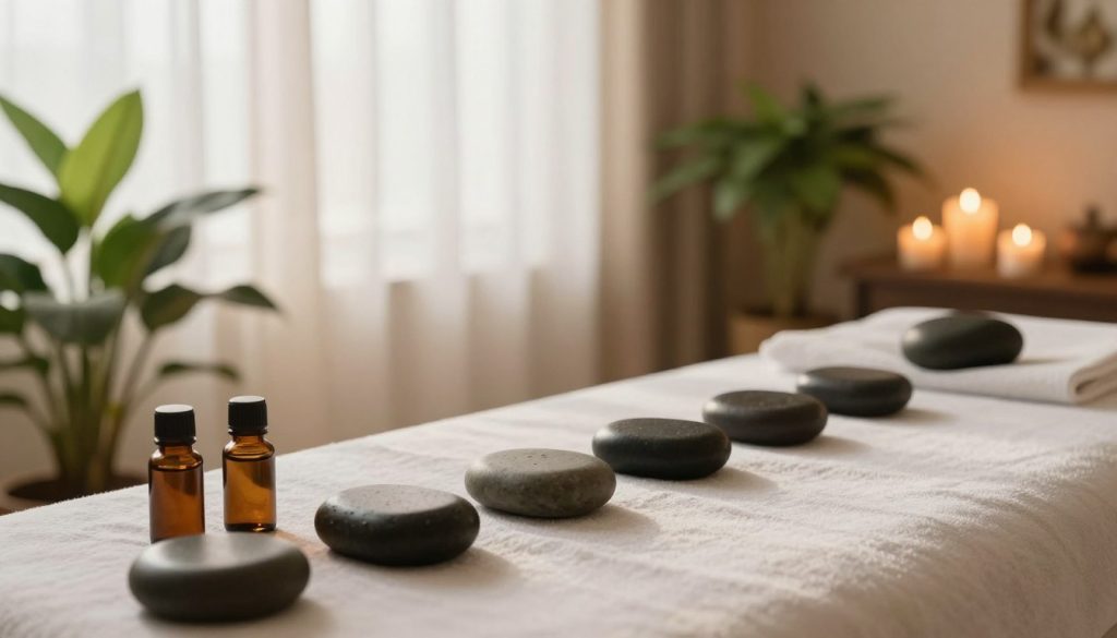 A serene and inviting spa setting showcasing an aroma therapy hot stone massage experience. In the foreground, a neatly arranged therapy table adorned with smooth, heated stones and aromatic essential oils, creating a sense of calm. The middle ground features flickering candles and lush green plants, enhancing the soothing atmosphere. In the background, soft, diffused lighting creates a warm glow, while light, sheer curtains allow natural sunlight to gently illuminate the space. The overall mood is tranquil and relaxing, emphasizing wellness and rejuvenation. The composition is framed with a slightly angled perspective to create depth, inviting the viewer into this peaceful sanctuary. A serene and inviting spa setting showcasing an aroma therapy hot stone massage experience. In the foreground, a neatly arranged therapy table adorned with smooth, heated stones and aromatic essential oils, creating a sense of calm. The middle ground features flickering candles and lush green plants, enhancing the soothing atmosphere. In the background, soft, diffused lighting creates a warm glow, while light, sheer curtains allow natural sunlight to gently illuminate the space. The overall mood is tranquil and relaxing, emphasizing wellness and rejuvenation. The composition is framed with a slightly angled perspective to create depth, inviting the viewer into this peaceful sanctuary.