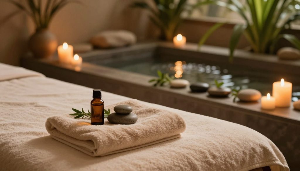 A serene and inviting spa setting showcasing elements for a perfect massage experience. In the foreground, a plush massage table draped with soft towels and calming essential oils. The middle ground features warm, ambient lighting, with candles flickering gently, casting a soft glow. A collection of smooth stones and fresh herbs lies artfully arranged nearby. In the background, a tranquil water feature with gentle ripples enhances the peaceful atmosphere, while lush green plants create a natural, calming environment. The overall mood is soothing and rejuvenating, promoting relaxation and wellness. The scene is designed to evoke a sense of comfort and serenity, embodying tips for an ideal massage experience. A serene and inviting spa setting showcasing elements for a perfect massage experience. In the foreground, a plush massage table draped with soft towels and calming essential oils. The middle ground features warm, ambient lighting, with candles flickering gently, casting a soft glow. A collection of smooth stones and fresh herbs lies artfully arranged nearby. In the background, a tranquil water feature with gentle ripples enhances the peaceful atmosphere, while lush green plants create a natural, calming environment. The overall mood is soothing and rejuvenating, promoting relaxation and wellness. The scene is designed to evoke a sense of comfort and serenity, embodying tips for an ideal massage experience.