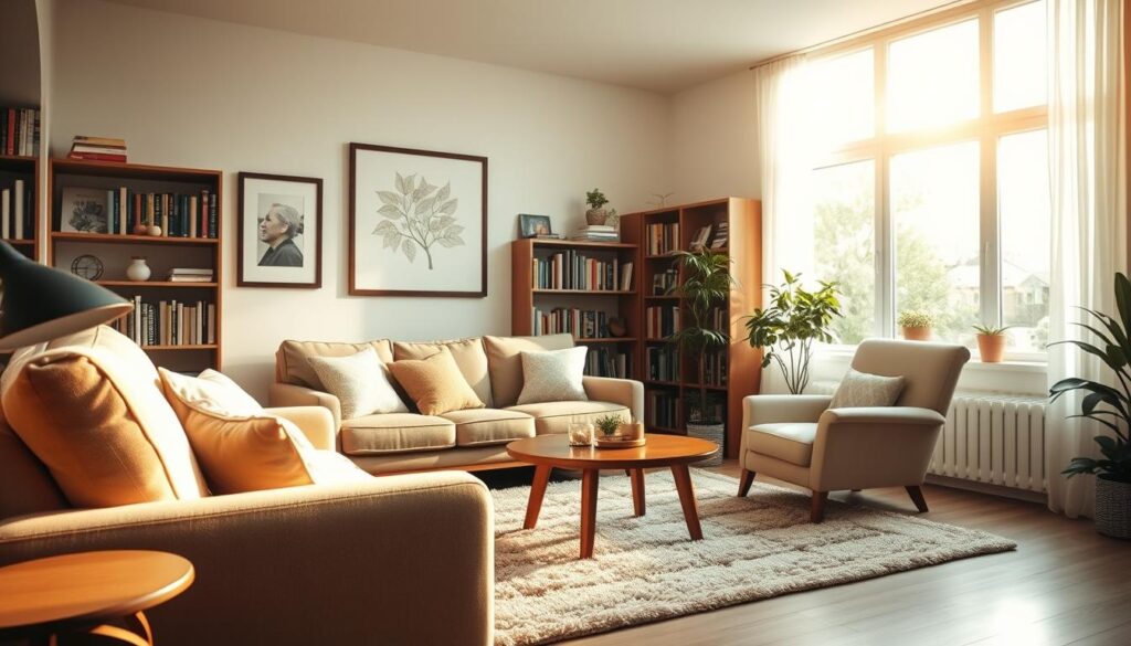A serene and inviting therapy session, with a warm, natural lighting that illuminates the comfortable, cozy setting. The scene depicts a cozy living room or home office, with a plush sofa, armchair, and a coffee table arranged in a conversational layout. Soft textures, such as a plush rug and throw pillows, create a sense of relaxation. Bookshelves line the walls, hinting at the intellectual and emotional depth of the space. A large, picture window allows natural light to flood the room, casting a gentle glow and fostering a sense of openness and connection to the outside world. The overall atmosphere is one of tranquility, introspection, and the nurturing of social and emotional well-being. A serene and inviting therapy session, with a warm, natural lighting that illuminates the comfortable, cozy setting. The scene depicts a cozy living room or home office, with a plush sofa, armchair, and a coffee table arranged in a conversational layout. Soft textures, such as a plush rug and throw pillows, create a sense of relaxation. Bookshelves line the walls, hinting at the intellectual and emotional depth of the space. A large, picture window allows natural light to flood the room, casting a gentle glow and fostering a sense of openness and connection to the outside world. The overall atmosphere is one of tranquility, introspection, and the nurturing of social and emotional well-being.