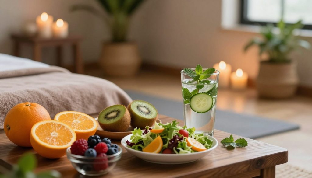 A serene and inviting wellness scene focusing on post-massage nutrition and hydration. In the foreground, display an elegantly arranged table featuring a variety of healthy foods: vibrant fruits like oranges, berries, and kiwi; a colorful salad with fresh greens; and a glass of refreshing water infused with cucumber and mint. The middle ground features a soft, textured yoga mat, suggesting relaxation and well-being. In the background, a calming spa environment with muted tones, softly glowing candles, and a potted plant adds to the tranquil ambiance. Utilize warm, natural lighting to create a peaceful atmosphere reminiscent of a spa, shot from a slight angle to capture the depth and inviting details of the scene. A serene and inviting wellness scene focusing on post-massage nutrition and hydration. In the foreground, display an elegantly arranged table featuring a variety of healthy foods: vibrant fruits like oranges, berries, and kiwi; a colorful salad with fresh greens; and a glass of refreshing water infused with cucumber and mint. The middle ground features a soft, textured yoga mat, suggesting relaxation and well-being. In the background, a calming spa environment with muted tones, softly glowing candles, and a potted plant adds to the tranquil ambiance. Utilize warm, natural lighting to create a peaceful atmosphere reminiscent of a spa, shot from a slight angle to capture the depth and inviting details of the scene.