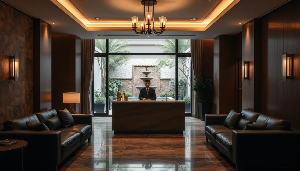 A serene and luxurious interior of an Istanbul spa and massage center. The scene features a tranquil, dimly lit lobby with plush leather couches, elegant light fixtures, and a calming water feature. The walls are adorned with natural stone and wood paneling, creating a warm, inviting atmosphere. In the middle ground, a reception desk with a polished marble top stands, manned by a discreet staff member. The background showcases a view of a secluded courtyard garden, with lush greenery and a soothing water fountain. The overall mood is one of relaxation, pampering, and an escape from the bustling city outside. A serene and luxurious interior of an Istanbul spa and massage center. The scene features a tranquil, dimly lit lobby with plush leather couches, elegant light fixtures, and a calming water feature. The walls are adorned with natural stone and wood paneling, creating a warm, inviting atmosphere. In the middle ground, a reception desk with a polished marble top stands, manned by a discreet staff member. The background showcases a view of a secluded courtyard garden, with lush greenery and a soothing water fountain. The overall mood is one of relaxation, pampering, and an escape from the bustling city outside.