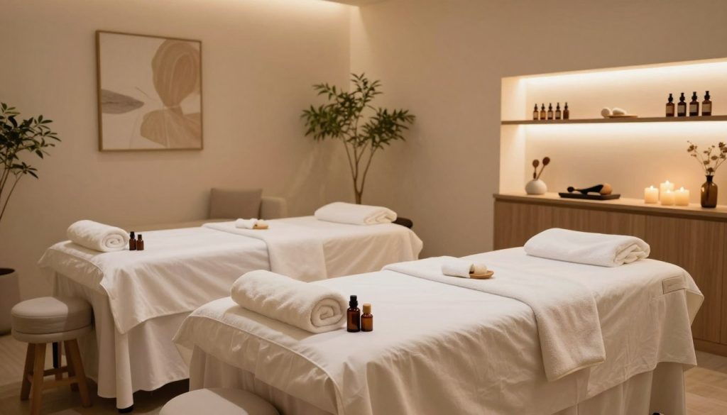 A serene and luxurious professional massage salon interior, featuring elegantly arranged treatment rooms with soft ambient lighting. Each room showcases calming colors, plush massage tables draped in crisp, white linens, and subtle decorative touches like candles and natural elements. In the foreground, a beautifully arranged massage table is set up with soothing essential oils and warm towels, creating an inviting atmosphere. The middle ground reveals a tranquil waiting area with comfortable seating and calming artwork, punctuated by gentle greenery. The background includes softly lit shelves displaying aromatic oils and massage tools. The overall mood is peaceful and rejuvenating, evoking a sense of professionalism and relaxation in a high-quality spa environment. A serene and luxurious professional massage salon interior, featuring elegantly arranged treatment rooms with soft ambient lighting. Each room showcases calming colors, plush massage tables draped in crisp, white linens, and subtle decorative touches like candles and natural elements. In the foreground, a beautifully arranged massage table is set up with soothing essential oils and warm towels, creating an inviting atmosphere. The middle ground reveals a tranquil waiting area with comfortable seating and calming artwork, punctuated by gentle greenery. The background includes softly lit shelves displaying aromatic oils and massage tools. The overall mood is peaceful and rejuvenating, evoking a sense of professionalism and relaxation in a high-quality spa environment.