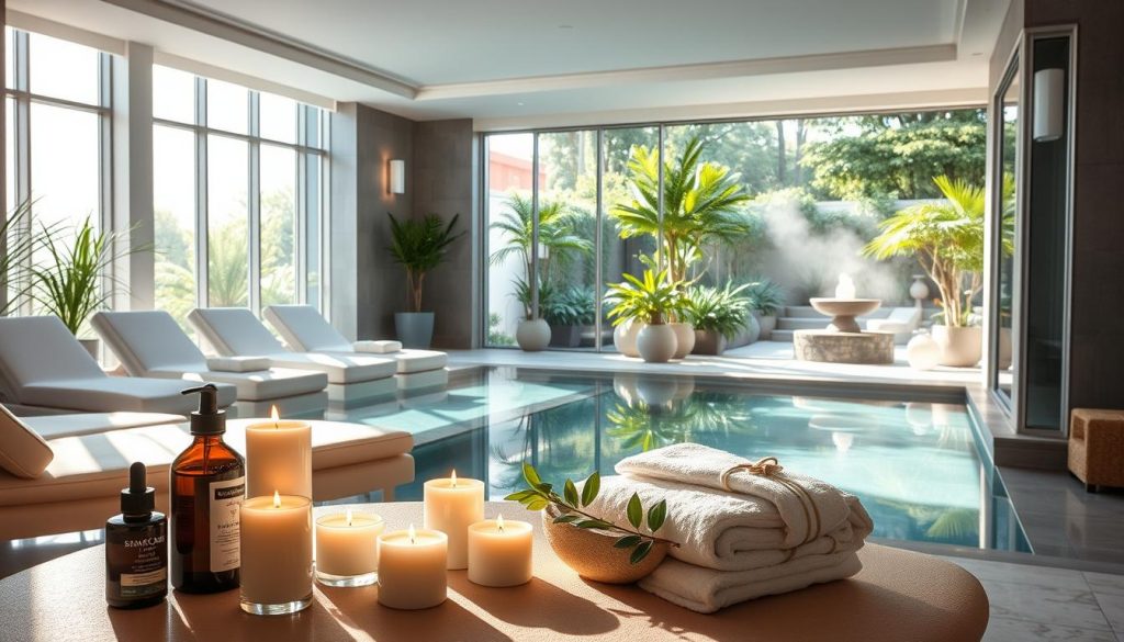 A serene and luxurious spa experience in Istanbul, with a sunlit indoor pool, plush lounge chairs, and soothing botanical decor. Soft lighting filters through large windows, casting a warm glow over the tranquil space. In the foreground, a selection of pampering spa amenities, such as massage oils, scented candles, and fluffy towels, invite visitors to indulge in a moment of relaxation. The middle ground features a spacious sauna, its steam rising gently, while the background showcases a serene outdoor garden, lush with verdant foliage and a calming water feature. The overall atmosphere evokes a sense of rejuvenation and well-being, perfectly capturing the essence of Istanbul's thriving wellness culture. A serene and luxurious spa experience in Istanbul, with a sunlit indoor pool, plush lounge chairs, and soothing botanical decor. Soft lighting filters through large windows, casting a warm glow over the tranquil space. In the foreground, a selection of pampering spa amenities, such as massage oils, scented candles, and fluffy towels, invite visitors to indulge in a moment of relaxation. The middle ground features a spacious sauna, its steam rising gently, while the background showcases a serene outdoor garden, lush with verdant foliage and a calming water feature. The overall atmosphere evokes a sense of rejuvenation and well-being, perfectly capturing the essence of Istanbul's thriving wellness culture.