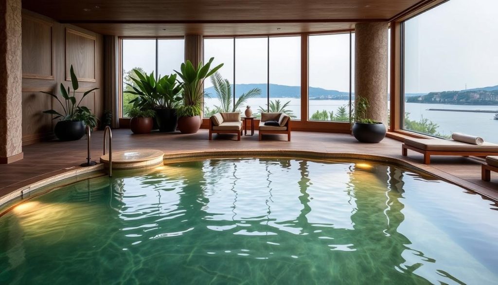 A serene and luxurious spa setting within the Six Senses Kocataş Mansions. The foreground features a tranquil indoor pool surrounded by natural stone and warm lighting, creating a cozy and rejuvenating atmosphere. The middle ground showcases elegant wooden furnishings and lush greenery, suggesting a holistic and sustainable design approach. In the background, glimpses of the Bosphorus can be seen through the large windows, adding a calming connection to the natural landscape. The overall mood is one of relaxation, wellness, and a commitment to mindful, eco-friendly practices, reflecting the ethos of the Six Senses brand. A serene and luxurious spa setting within the Six Senses Kocataş Mansions. The foreground features a tranquil indoor pool surrounded by natural stone and warm lighting, creating a cozy and rejuvenating atmosphere. The middle ground showcases elegant wooden furnishings and lush greenery, suggesting a holistic and sustainable design approach. In the background, glimpses of the Bosphorus can be seen through the large windows, adding a calming connection to the natural landscape. The overall mood is one of relaxation, wellness, and a commitment to mindful, eco-friendly practices, reflecting the ethos of the Six Senses brand.