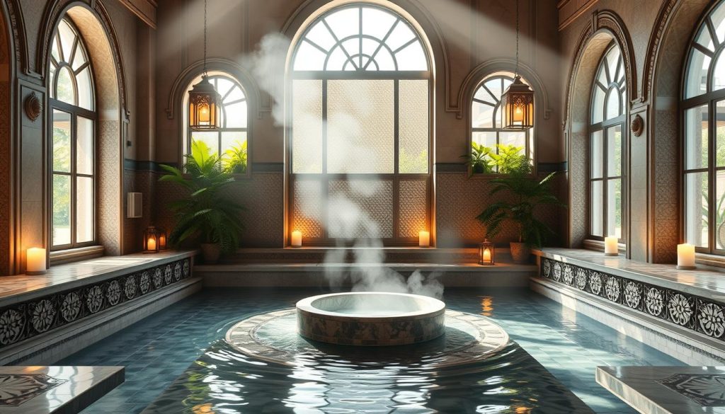 A serene and luxurious turkish hamam scene showcasing a beautiful blend of traditional and modern spa culture. In the foreground, intricately carved marble benches and a central basin filled with soothing water. The middle layer features softly glowing mosaic tiles reflecting natural sunlight streaming through large arched windows. Steam gently rises, creating an ethereal atmosphere. In the background, decorative lanterns cast warm, inviting light, enhancing the tranquil ambiance. The design incorporates lush greenery around the windows, symbolizing nature and renewal. The overall mood is peaceful and rejuvenating, ideal for relaxation and self-care, emphasizing the rich historical essence of the Ottoman hamam while hinting at contemporary spa elements. A serene and luxurious turkish hamam scene showcasing a beautiful blend of traditional and modern spa culture. In the foreground, intricately carved marble benches and a central basin filled with soothing water. The middle layer features softly glowing mosaic tiles reflecting natural sunlight streaming through large arched windows. Steam gently rises, creating an ethereal atmosphere. In the background, decorative lanterns cast warm, inviting light, enhancing the tranquil ambiance. The design incorporates lush greenery around the windows, symbolizing nature and renewal. The overall mood is peaceful and rejuvenating, ideal for relaxation and self-care, emphasizing the rich historical essence of the Ottoman hamam while hinting at contemporary spa elements.