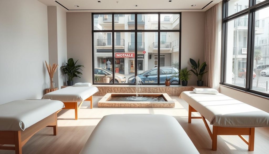 A serene and modern massage therapy studio, filled with natural light and minimalist decor. In the foreground, sleek massage tables are neatly arranged, their clean lines complemented by the soft, muted tones of the room. The middle ground features a calming water feature, its gentle sounds creating a soothing ambiance. In the background, large windows offer a glimpse of the bustling Anatolian neighborhood outside, while maintaining a tranquil, zen-like atmosphere within. The lighting is soft and diffused, highlighting the natural textures and materials used throughout the space. An inviting, contemporary interpretation of traditional Turkish massage therapies. A serene and modern massage therapy studio, filled with natural light and minimalist decor. In the foreground, sleek massage tables are neatly arranged, their clean lines complemented by the soft, muted tones of the room. The middle ground features a calming water feature, its gentle sounds creating a soothing ambiance. In the background, large windows offer a glimpse of the bustling Anatolian neighborhood outside, while maintaining a tranquil, zen-like atmosphere within. The lighting is soft and diffused, highlighting the natural textures and materials used throughout the space. An inviting, contemporary interpretation of traditional Turkish massage therapies.