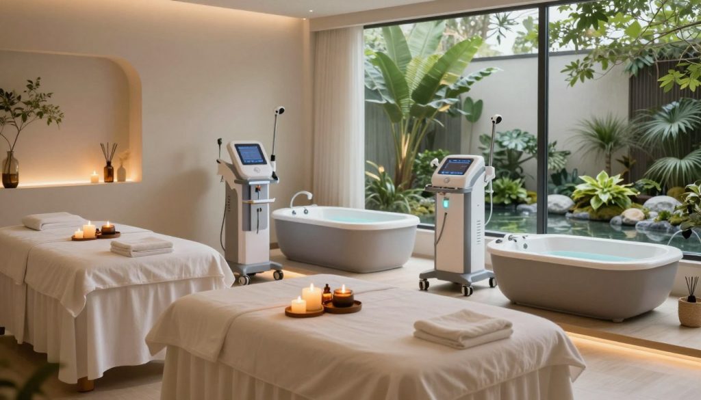 A serene and modern spa environment showcasing innovative technologies and treatments. In the foreground, sleek massage tables with soft linens, surrounded by aromatic candles and essential oil diffusers. The middle ground features advanced spa equipment, like hydrotherapy baths and high-tech facial machines, all designed with minimalist aesthetics. The background reveals large windows that let in soft, natural light, highlighting a tranquil indoor garden with lush greenery and calming water features. The atmosphere is peaceful and inviting, with warm colors and a soft, glowing ambiance. The overall impression should evoke a sense of relaxation and tranquility, perfect for illustrating modern spa applications and renewal in wellness technologies. A serene and modern spa environment showcasing innovative technologies and treatments. In the foreground, sleek massage tables with soft linens, surrounded by aromatic candles and essential oil diffusers. The middle ground features advanced spa equipment, like hydrotherapy baths and high-tech facial machines, all designed with minimalist aesthetics. The background reveals large windows that let in soft, natural light, highlighting a tranquil indoor garden with lush greenery and calming water features. The atmosphere is peaceful and inviting, with warm colors and a soft, glowing ambiance. The overall impression should evoke a sense of relaxation and tranquility, perfect for illustrating modern spa applications and renewal in wellness technologies.