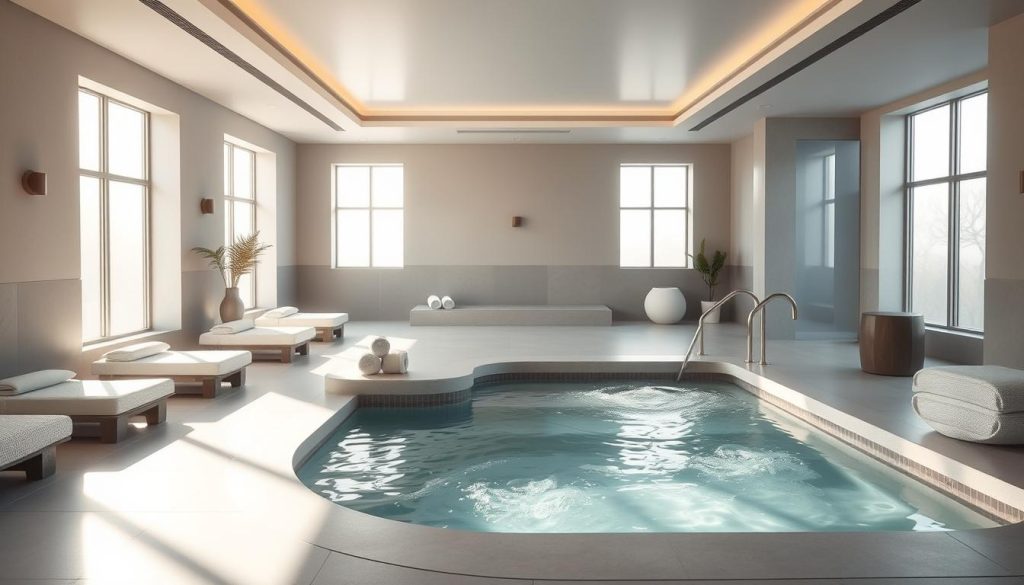 A serene and modern spa sanctuary, bathed in soft natural light filtering through large windows. Sleek, minimalist furnishings in calming hues of gray and white, creating a tranquil ambiance. A centerpiece feature is a luxurious and therapeutic hydrotherapy pool, its waters shimmering invitingly. Plush towels and robes await, while the air is infused with the soothing scents of essential oils. Gentle instrumental music plays in the background, complementing the overall sense of relaxation and rejuvenation. The scene exudes a harmonious blend of contemporary design and holistic wellness, promising a restorative experience for the mind, body, and spirit. A serene and modern spa sanctuary, bathed in soft natural light filtering through large windows. Sleek, minimalist furnishings in calming hues of gray and white, creating a tranquil ambiance. A centerpiece feature is a luxurious and therapeutic hydrotherapy pool, its waters shimmering invitingly. Plush towels and robes await, while the air is infused with the soothing scents of essential oils. Gentle instrumental music plays in the background, complementing the overall sense of relaxation and rejuvenation. The scene exudes a harmonious blend of contemporary design and holistic wellness, promising a restorative experience for the mind, body, and spirit.