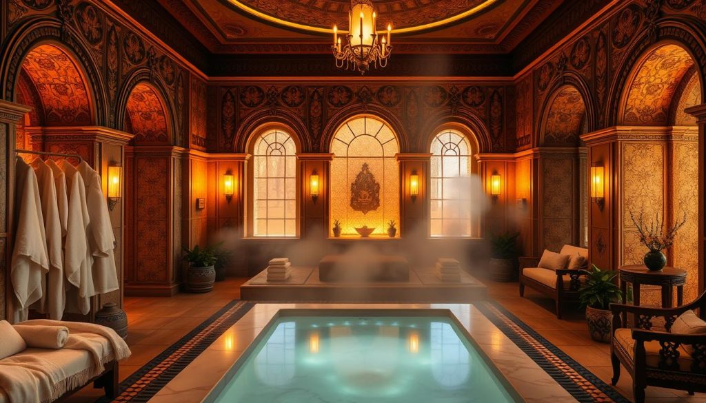 A serene and opulent spa setting with a luxurious Turkish bath experience. A grand, ornate interior with intricate tilework, arched doorways, and warm, ambient lighting. Plush, oversized towels and robes in soft, neutral tones. Tranquil steam fills the air, creating a hazy, soothing atmosphere. An inviting, heated marble slab for relaxation, surrounded by potted plants and natural elements. Elegant, wooden furniture and ornate, decorative accents evoke a sense of timeless, old-world sophistication. The overall impression is one of indulgence, comfort, and a truly immersive, high-end spa experience. A serene and opulent spa setting with a luxurious Turkish bath experience. A grand, ornate interior with intricate tilework, arched doorways, and warm, ambient lighting. Plush, oversized towels and robes in soft, neutral tones. Tranquil steam fills the air, creating a hazy, soothing atmosphere. An inviting, heated marble slab for relaxation, surrounded by potted plants and natural elements. Elegant, wooden furniture and ornate, decorative accents evoke a sense of timeless, old-world sophistication. The overall impression is one of indulgence, comfort, and a truly immersive, high-end spa experience.