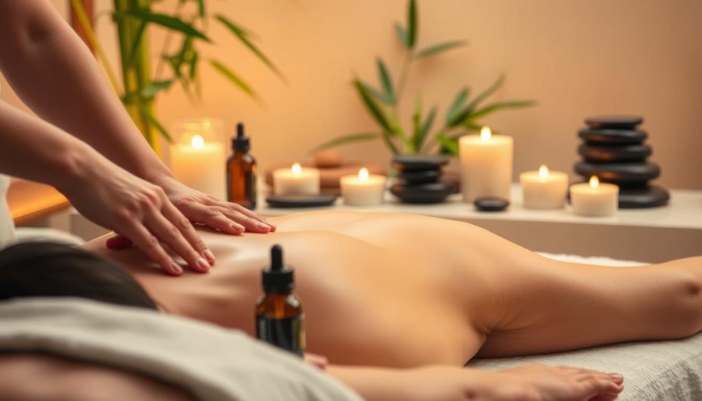 A serene and peaceful scene of various massage techniques being performed. In the foreground, skilled hands gently kneading and manipulating the muscles of a relaxed figure, their face obscured. In the middle ground, essential oils and soothing candles set the mood for a tranquil massage experience. The background is a softly lit, spa-like environment with natural elements such as bamboo, river stones, and verdant foliage, creating a harmonious and restorative atmosphere. Warm, diffused lighting casts a gentle glow, enhancing the calming ambiance. The composition emphasizes the expertise and care taken in administering these massage techniques, inviting the viewer to imagine the therapeutic benefits. A serene and peaceful scene of various massage techniques being performed. In the foreground, skilled hands gently kneading and manipulating the muscles of a relaxed figure, their face obscured. In the middle ground, essential oils and soothing candles set the mood for a tranquil massage experience. The background is a softly lit, spa-like environment with natural elements such as bamboo, river stones, and verdant foliage, creating a harmonious and restorative atmosphere. Warm, diffused lighting casts a gentle glow, enhancing the calming ambiance. The composition emphasizes the expertise and care taken in administering these massage techniques, inviting the viewer to imagine the therapeutic benefits.