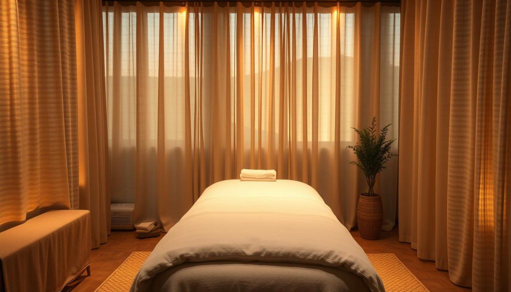 A serene and relaxing massage studio, dimly lit with warm lighting filtering through sheer curtains. Soft textured fabrics adorn the surfaces, while essential oil diffusers emit soothing aromas. In the center, a massage table draped in plush linens awaits, its elevated position highlighting the intricate massage techniques to be performed. The scene evokes a sense of tranquility and rejuvenation, the perfect setting to experience a range of massage modalities from classic Swedish to aromatherapy-infused treatments. A serene and relaxing massage studio, dimly lit with warm lighting filtering through sheer curtains. Soft textured fabrics adorn the surfaces, while essential oil diffusers emit soothing aromas. In the center, a massage table draped in plush linens awaits, its elevated position highlighting the intricate massage techniques to be performed. The scene evokes a sense of tranquility and rejuvenation, the perfect setting to experience a range of massage modalities from classic Swedish to aromatherapy-infused treatments.