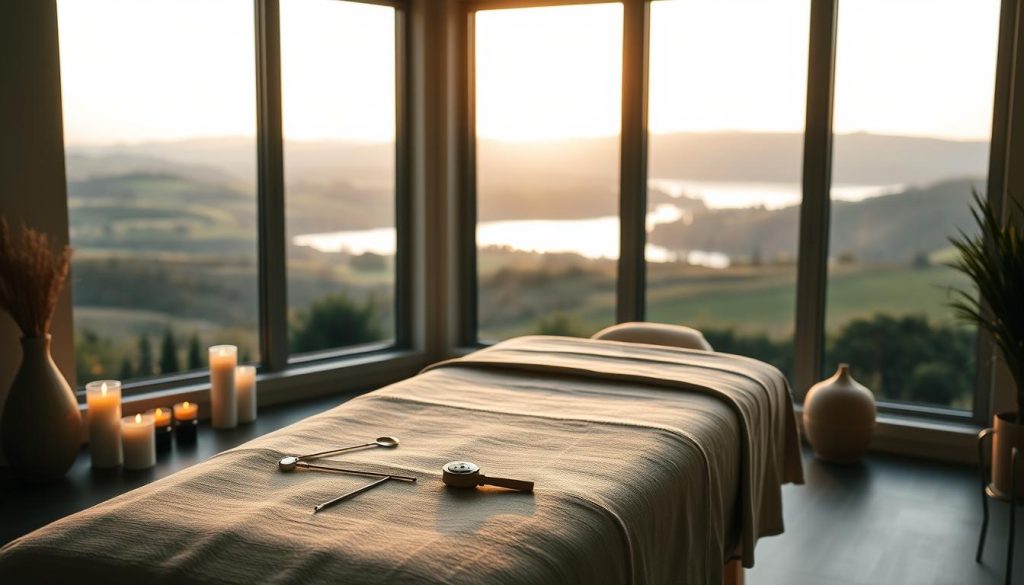 A serene and relaxing scene showcasing the benefits of medical massage. In a dimly lit room, a massage table stands in the foreground, surrounded by soothing candles and essential oil diffusers. The middle ground features an assortment of massage tools and implements, meticulously arranged to convey the expertise and care involved. In the background, a calming landscape of rolling hills and a tranquil lake is visible through a large window, bathed in warm, golden-hour lighting. The overall atmosphere exudes a sense of tranquility, healing, and the restorative power of medical massage. A serene and relaxing scene showcasing the benefits of medical massage. In a dimly lit room, a massage table stands in the foreground, surrounded by soothing candles and essential oil diffusers. The middle ground features an assortment of massage tools and implements, meticulously arranged to convey the expertise and care involved. In the background, a calming landscape of rolling hills and a tranquil lake is visible through a large window, bathed in warm, golden-hour lighting. The overall atmosphere exudes a sense of tranquility, healing, and the restorative power of medical massage.