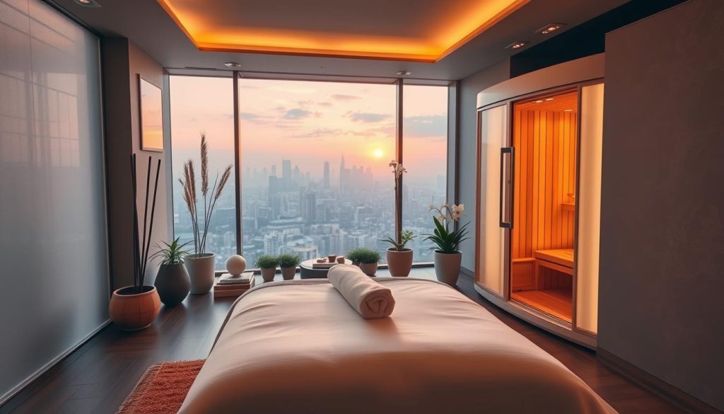 A serene and tranquil Japanese spa interior, bathed in warm, soft lighting. In the foreground, a traditional massage table with plush white linens. Nearby, a sleek and modern FAR-Infrared sauna, its soft, glowing panels radiating a calming heat. The middle ground features elegant, minimalist decor - bamboo accents, natural stone elements, and lush potted plants. The background showcases a stunning city skyline view, with the sun setting over the distant horizon. The atmosphere is one of peaceful relaxation, inviting the viewer to unwind and rejuvenate. A serene and tranquil Japanese spa interior, bathed in warm, soft lighting. In the foreground, a traditional massage table with plush white linens. Nearby, a sleek and modern FAR-Infrared sauna, its soft, glowing panels radiating a calming heat. The middle ground features elegant, minimalist decor - bamboo accents, natural stone elements, and lush potted plants. The background showcases a stunning city skyline view, with the sun setting over the distant horizon. The atmosphere is one of peaceful relaxation, inviting the viewer to unwind and rejuvenate.
