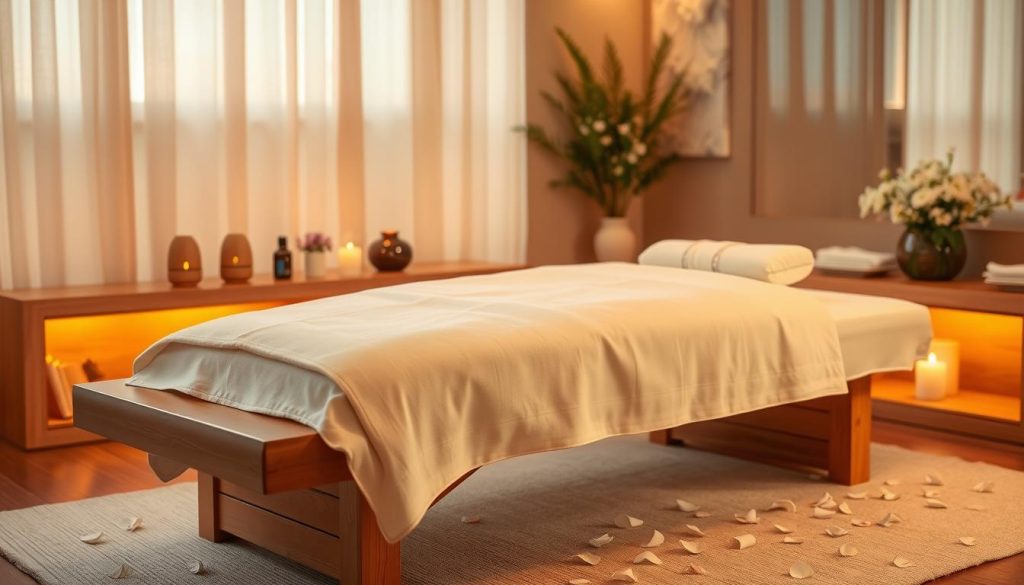 A serene and tranquil aromatherapy massage scene. A beautifully decorated spa-like room with warm lighting, featuring a wooden massage table draped in soft, luxurious linens. Essential oil diffusers emit soothing aromas, creating a calming, sensory-rich atmosphere. Delicate flower petals are scattered around the table, adding a touch of natural elegance. The scene evokes a sense of relaxation and well-being, perfectly capturing the harmonious fusion of aromatherapy and massage. A serene and tranquil aromatherapy massage scene. A beautifully decorated spa-like room with warm lighting, featuring a wooden massage table draped in soft, luxurious linens. Essential oil diffusers emit soothing aromas, creating a calming, sensory-rich atmosphere. Delicate flower petals are scattered around the table, adding a touch of natural elegance. The scene evokes a sense of relaxation and well-being, perfectly capturing the harmonious fusion of aromatherapy and massage.