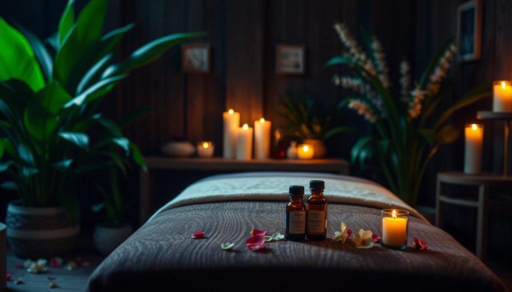 A serene and tranquil aromatherapy massage scene. A wooden massage table sits in a dimly lit room, adorned with soft lighting and the gentle glow of candles. Lush, verdant plants and delicate flower petals surround the table, emitting a calming, earthy aroma. Bottles of essential oils in various hues are artfully arranged, their labels barely visible. The scene exudes a sense of restorative peace and natural healing, inviting the viewer to experience the restorative power of aromatherapy and mindful relaxation. A serene and tranquil aromatherapy massage scene. A wooden massage table sits in a dimly lit room, adorned with soft lighting and the gentle glow of candles. Lush, verdant plants and delicate flower petals surround the table, emitting a calming, earthy aroma. Bottles of essential oils in various hues are artfully arranged, their labels barely visible. The scene exudes a sense of restorative peace and natural healing, inviting the viewer to experience the restorative power of aromatherapy and mindful relaxation.