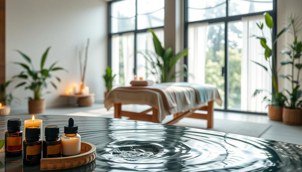 A serene and tranquil indoor spa setting, featuring a beautifully arranged massage table adorned with soft, natural fabrics and calming colors. In the foreground, essential oils and aromatic candles emit a gentle glow, creating a soothing ambiance. The middle ground showcases a subtle representation of flowing water, symbolizing relaxation and the release of stress. In the background, large windows allow soft, diffused sunlight to illuminate the space, enriching the atmosphere with warmth. The room is decorated with lush greenery and natural materials, enhancing the connection to nature. Overall, the image conveys peace, balance, and harmony, illustrating the mental and emotional benefits of massage therapy, evoking a sense of calm and wellness. A serene and tranquil indoor spa setting, featuring a beautifully arranged massage table adorned with soft, natural fabrics and calming colors. In the foreground, essential oils and aromatic candles emit a gentle glow, creating a soothing ambiance. The middle ground showcases a subtle representation of flowing water, symbolizing relaxation and the release of stress. In the background, large windows allow soft, diffused sunlight to illuminate the space, enriching the atmosphere with warmth. The room is decorated with lush greenery and natural materials, enhancing the connection to nature. Overall, the image conveys peace, balance, and harmony, illustrating the mental and emotional benefits of massage therapy, evoking a sense of calm and wellness.