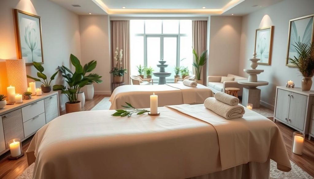 A serene and tranquil massage atmosphere showcasing a personalized session culture. In the foreground, a beautifully arranged massage table with soft linens and elegant decor, scattered with aromatic candles and lush plants. In the middle, a well-appointed room with soothing colors, natural light streaming through large windows, and gentle, calming artwork adorning the walls. The background features a cozy corner with a soothing water fountain and comfortable seating area, inviting relaxation. The overall mood is peaceful and rejuvenating, with a focus on wellness and tranquility. Ideal lighting captures the soft glow of the candles and the natural beauty of the space, highlighting its welcoming ambiance. A serene and tranquil massage atmosphere showcasing a personalized session culture. In the foreground, a beautifully arranged massage table with soft linens and elegant decor, scattered with aromatic candles and lush plants. In the middle, a well-appointed room with soothing colors, natural light streaming through large windows, and gentle, calming artwork adorning the walls. The background features a cozy corner with a soothing water fountain and comfortable seating area, inviting relaxation. The overall mood is peaceful and rejuvenating, with a focus on wellness and tranquility. Ideal lighting captures the soft glow of the candles and the natural beauty of the space, highlighting its welcoming ambiance.