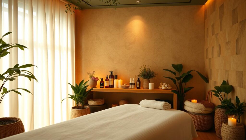 A serene and tranquil massage parlor, illuminated by soft, warm lighting and decorated with soothing plants and natural textures. In the foreground, a plush massage table invites relaxation, while the middle ground showcases various massage tools and oils. The background features calming, abstract patterns and textures, creating a zen-like atmosphere. The scene conveys a sense of total relaxation and rejuvenation, perfect for the "Bay Bayan Masaj Salonu İstanbul'da Sunduğumuz Hizmetler" section. A serene and tranquil massage parlor, illuminated by soft, warm lighting and decorated with soothing plants and natural textures. In the foreground, a plush massage table invites relaxation, while the middle ground showcases various massage tools and oils. The background features calming, abstract patterns and textures, creating a zen-like atmosphere. The scene conveys a sense of total relaxation and rejuvenation, perfect for the "Bay Bayan Masaj Salonu İstanbul'da Sunduğumuz Hizmetler" section.