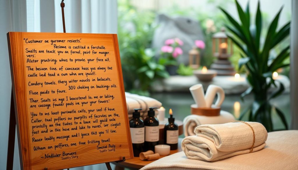 A serene and tranquil massage studio backdrop, with soft lighting and soothing hues. In the foreground, a collection of handwritten customer reviews and feedback displayed on a rustic wooden board, conveying the importance of client testimonials. The middle ground features a selection of premium massage oils, plush towels, and other high-quality service accoutrements, hinting at the attention to detail and professionalism of the establishment. The background showcases a calming, nature-inspired scene, such as a garden or a soothing water feature, creating an atmosphere of relaxation and well-being. A serene and tranquil massage studio backdrop, with soft lighting and soothing hues. In the foreground, a collection of handwritten customer reviews and feedback displayed on a rustic wooden board, conveying the importance of client testimonials. The middle ground features a selection of premium massage oils, plush towels, and other high-quality service accoutrements, hinting at the attention to detail and professionalism of the establishment. The background showcases a calming, nature-inspired scene, such as a garden or a soothing water feature, creating an atmosphere of relaxation and well-being.