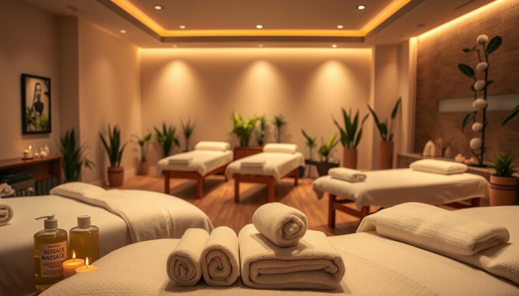 A serene and tranquil massage studio, bathed in warm lighting and soothing neutral tones. Various massage modalities are depicted, including Swedish, deep tissue, and aromatherapy. The foreground showcases the tools of the trade - massage oils, lotions, and plush towels. In the middle ground, a collection of massage tables and chairs, inviting the viewer to relax and unwind. The background features calming natural elements, such as potted plants and a zen-inspired water feature. The overall atmosphere evokes a sense of relaxation, wellness, and rejuvenation. A serene and tranquil massage studio, bathed in warm lighting and soothing neutral tones. Various massage modalities are depicted, including Swedish, deep tissue, and aromatherapy. The foreground showcases the tools of the trade - massage oils, lotions, and plush towels. In the middle ground, a collection of massage tables and chairs, inviting the viewer to relax and unwind. The background features calming natural elements, such as potted plants and a zen-inspired water feature. The overall atmosphere evokes a sense of relaxation, wellness, and rejuvenation.