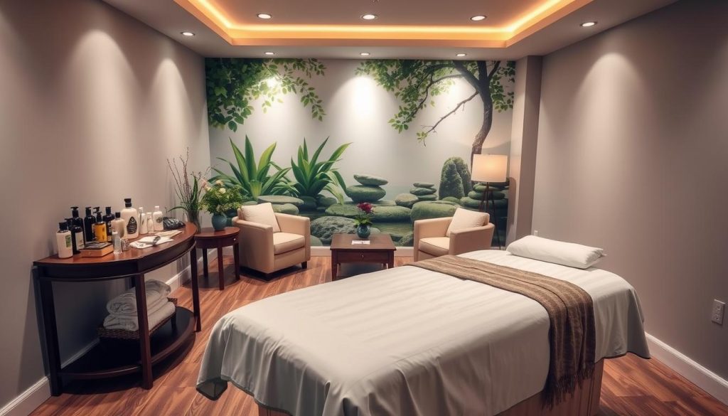 A serene and tranquil massage studio, with calming neutral tones and soft lighting. In the foreground, an elegant massage table draped with plush linens, beckoning the weary. Surrounding the table, an array of massage oils, lotions, and tools, neatly arranged on a wooden side table. In the middle ground, a cozy seating area with comfortable armchairs, inviting the client to relax and unwind. The background features a soothing mural of nature, with lush greenery and a calming water feature, creating a peaceful ambiance. The overall atmosphere exudes a sense of tranquility and professionalism, reflecting the expertise and care of the masaj terapisti. A serene and tranquil massage studio, with calming neutral tones and soft lighting. In the foreground, an elegant massage table draped with plush linens, beckoning the weary. Surrounding the table, an array of massage oils, lotions, and tools, neatly arranged on a wooden side table. In the middle ground, a cozy seating area with comfortable armchairs, inviting the client to relax and unwind. The background features a soothing mural of nature, with lush greenery and a calming water feature, creating a peaceful ambiance. The overall atmosphere exudes a sense of tranquility and professionalism, reflecting the expertise and care of the masaj terapisti.