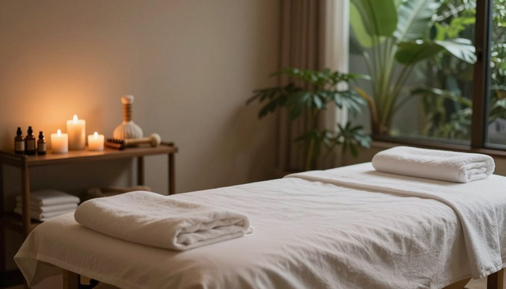 A serene and tranquil massage therapy room featuring a professional massage table in the foreground, elegantly draped with soft, clean linens. Subtle, warm lighting casts a calming glow throughout the space, while essential oils and aromatic candles are artfully arranged on a nearby shelf, adding to the soothing atmosphere. The middle ground showcases various massage tools used for deep tissue techniques, emphasizing the focus on therapeutic relaxation. In the background, lush greenery peeks through a window, inviting nature inside and enhancing the peaceful ambiance. The overall mood is one of relaxation and wellness, capturing the essence of deep tissue massage, with an inviting color palette of soft earth tones and muted greens. The image should be both inviting and informative, conveying the strength and depth of this specific massage type. A serene and tranquil massage therapy room featuring a professional massage table in the foreground, elegantly draped with soft, clean linens. Subtle, warm lighting casts a calming glow throughout the space, while essential oils and aromatic candles are artfully arranged on a nearby shelf, adding to the soothing atmosphere. The middle ground showcases various massage tools used for deep tissue techniques, emphasizing the focus on therapeutic relaxation. In the background, lush greenery peeks through a window, inviting nature inside and enhancing the peaceful ambiance. The overall mood is one of relaxation and wellness, capturing the essence of deep tissue massage, with an inviting color palette of soft earth tones and muted greens. The image should be both inviting and informative, conveying the strength and depth of this specific massage type.