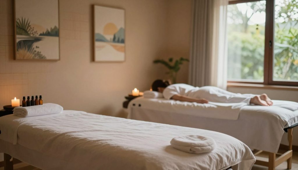 A serene and tranquil massage therapy room showcasing various relaxation methods. In the foreground, a plush massage table draped with soft, light-colored linens. On the nearby table, an array of essential oils and candles, softly lit, creating a calming atmosphere. In the middle ground, a wall adorned with natural textures, like bamboo and soothing earth tones, with calming artwork depicting nature scenes. The background features large windows allowing natural sunlight to stream in, enhancing the peaceful vibe, with gentle greenery visible outside. The overall lighting is soft and warm, evoking a sense of calm and relaxation, suitable for daily stress relief practices. Emphasize a mood of tranquility and comfort, perfect for illustrating the effects of massage therapy in everyday life. A serene and tranquil massage therapy room showcasing various relaxation methods. In the foreground, a plush massage table draped with soft, light-colored linens. On the nearby table, an array of essential oils and candles, softly lit, creating a calming atmosphere. In the middle ground, a wall adorned with natural textures, like bamboo and soothing earth tones, with calming artwork depicting nature scenes. The background features large windows allowing natural sunlight to stream in, enhancing the peaceful vibe, with gentle greenery visible outside. The overall lighting is soft and warm, evoking a sense of calm and relaxation, suitable for daily stress relief practices. Emphasize a mood of tranquility and comfort, perfect for illustrating the effects of massage therapy in everyday life.