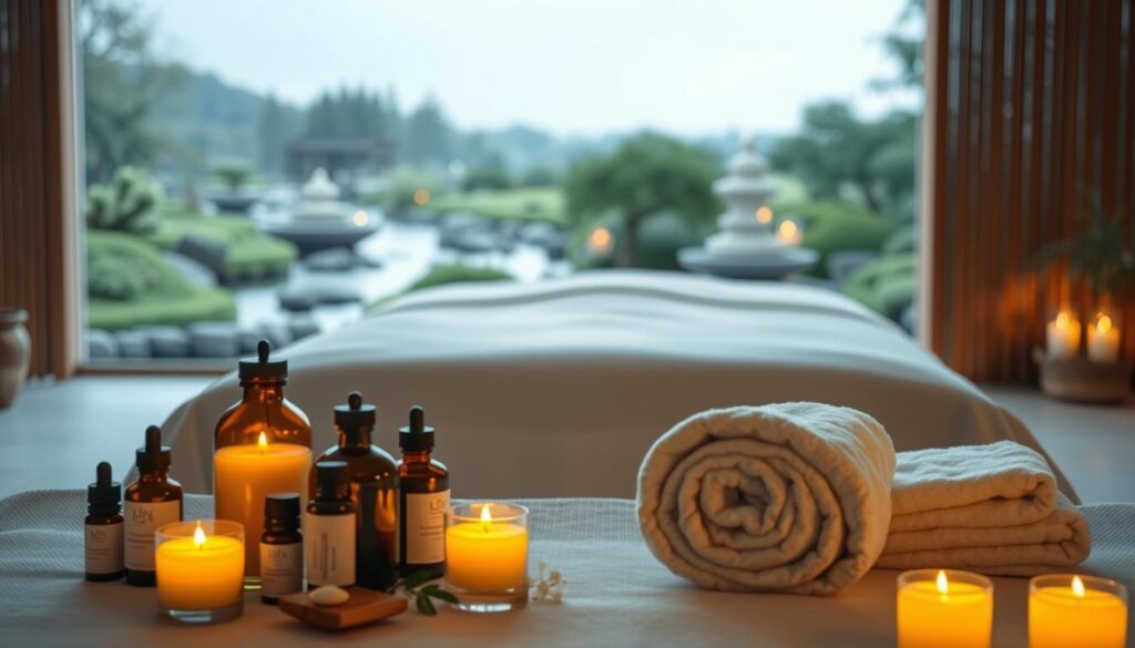 A serene and tranquil massage therapy scene, bathed in soft, warm lighting. In the foreground, a collection of essential oils, aromatherapy candles, and plush towels set the stage for a restorative experience. The middle ground features a massage table draped in crisp, white linens, inviting the viewer to imagine the therapeutic touch and soothing sensations. In the background, a calming, zen-inspired landscape with lush greenery and a gently flowing stream, creating a sense of balance and harmony. The overall atmosphere evokes a deep sense of relaxation, rejuvenation, and the profound benefits of massage for both physical and mental well-being.
