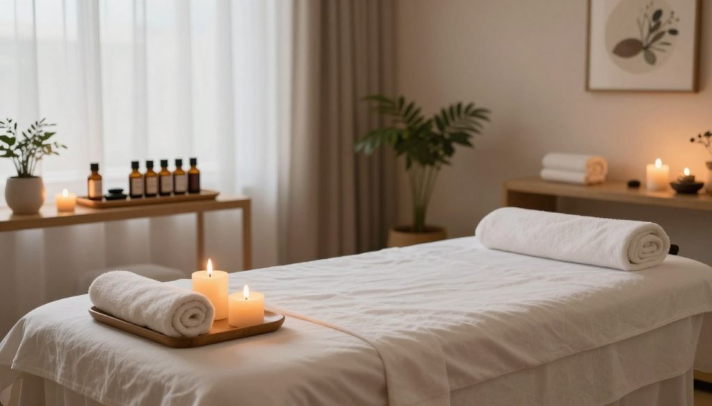 A serene and tranquil massage therapy setting, showcasing a beautifully arranged massage room. In the foreground, a massage table adorned with soft, clean linens and aromatic candles flickering gently, creating a warm ambiance. In the middle, essential oils displayed artistically on a wooden shelf, alongside soothing elements like smooth stones and a fluffy towel. The background features soft, diffused lighting filtering through sheer curtains, giving a sense of calm. Decor elements include potted plants and calming artwork on the walls, enhancing relaxation. The atmosphere embodies peace and readiness for a rejuvenating massage experience, emphasizing the preparation tips for before and after a session. A serene and tranquil massage therapy setting, showcasing a beautifully arranged massage room. In the foreground, a massage table adorned with soft, clean linens and aromatic candles flickering gently, creating a warm ambiance. In the middle, essential oils displayed artistically on a wooden shelf, alongside soothing elements like smooth stones and a fluffy towel. The background features soft, diffused lighting filtering through sheer curtains, giving a sense of calm. Decor elements include potted plants and calming artwork on the walls, enhancing relaxation. The atmosphere embodies peace and readiness for a rejuvenating massage experience, emphasizing the preparation tips for before and after a session.