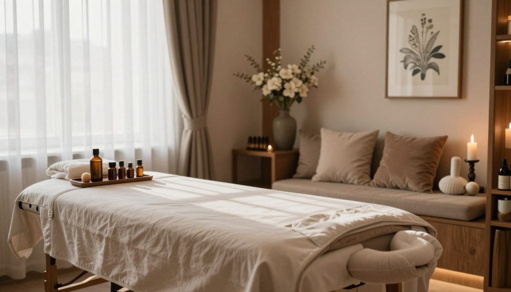 A serene and tranquil massage therapy studio in Istanbul. The foreground features a neatly arranged massage table with soft, neutral-toned linens, surrounded by calming essential oils and well-organized massage tools. In the middle, a beautifully decorated space with warm wooden accents and plush cushions creates an inviting atmosphere, illuminated by soft, natural light streaming in through a large window adorned with sheer curtains. In the background, a delicate floral arrangement and soothing artwork on the walls enhance the peaceful vibe. The overall ambiance conveys relaxation and sophistication, making it a perfect representation of high-end VIP massage services. The scene is devoid of any human figures, focusing solely on the inviting environment. A serene and tranquil massage therapy studio in Istanbul. The foreground features a neatly arranged massage table with soft, neutral-toned linens, surrounded by calming essential oils and well-organized massage tools. In the middle, a beautifully decorated space with warm wooden accents and plush cushions creates an inviting atmosphere, illuminated by soft, natural light streaming in through a large window adorned with sheer curtains. In the background, a delicate floral arrangement and soothing artwork on the walls enhance the peaceful vibe. The overall ambiance conveys relaxation and sophistication, making it a perfect representation of high-end VIP massage services. The scene is devoid of any human figures, focusing solely on the inviting environment.