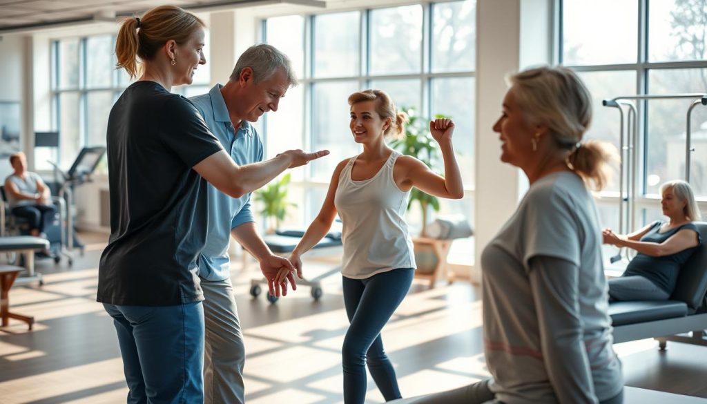 A serene and tranquil scene depicting the advantages of physical therapy. A spacious and well-equipped rehabilitation center, with sunlight streaming through large windows, illuminating the state-of-the-art equipment and soothing decor. In the foreground, a therapist guides a patient through a series of gentle exercises, their movements graceful and purposeful. In the background, other patients engage in various therapeutic activities, their faces radiating a sense of calm and rejuvenation. The overall atmosphere conveys the restorative power of physical therapy, promoting healing, mobility, and a renewed sense of well-being. A serene and tranquil scene depicting the advantages of physical therapy. A spacious and well-equipped rehabilitation center, with sunlight streaming through large windows, illuminating the state-of-the-art equipment and soothing decor. In the foreground, a therapist guides a patient through a series of gentle exercises, their movements graceful and purposeful. In the background, other patients engage in various therapeutic activities, their faces radiating a sense of calm and rejuvenation. The overall atmosphere conveys the restorative power of physical therapy, promoting healing, mobility, and a renewed sense of well-being.