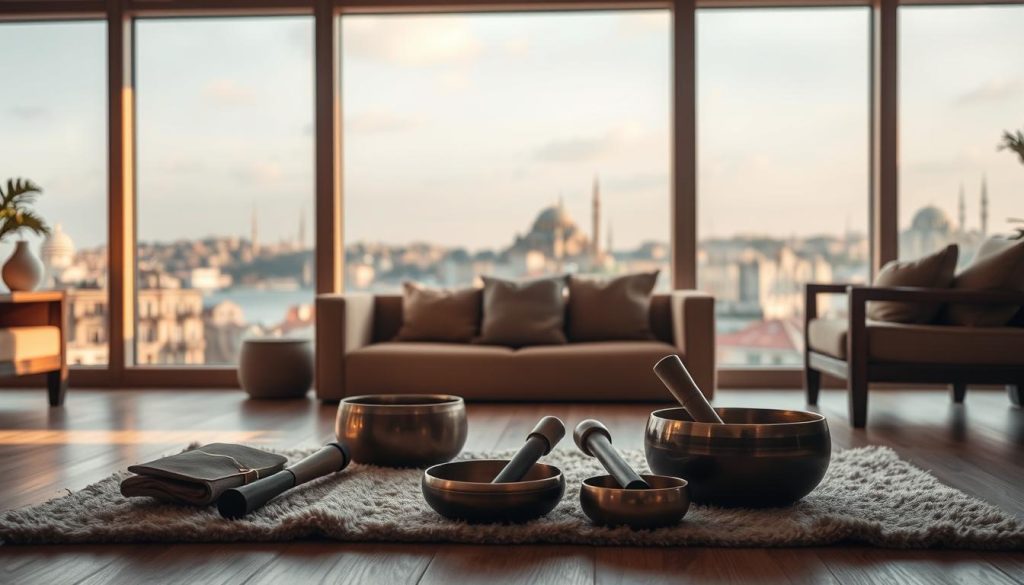 A serene and tranquil scene of a Ses Terapisi (sound therapy) session in Istanbul. The soft, diffused lighting creates a warm and soothing atmosphere, accentuating the natural textures of the wooden furniture and earthy tones. In the foreground, a collection of therapeutic sound bowls and chimes lie atop a plush rug, their surfaces reflecting the gentle illumination. In the middle ground, a comfortable seating area invites the viewer to immerse themselves in the calming soundscape, while the background features a panoramic view of the historic Istanbul skyline, its iconic silhouettes blending seamlessly with the serene ambiance. The overall composition evokes a sense of balance, harmony, and a deep connection with the city's vibrant sensory experiences. A serene and tranquil scene of a Ses Terapisi (sound therapy) session in Istanbul. The soft, diffused lighting creates a warm and soothing atmosphere, accentuating the natural textures of the wooden furniture and earthy tones. In the foreground, a collection of therapeutic sound bowls and chimes lie atop a plush rug, their surfaces reflecting the gentle illumination. In the middle ground, a comfortable seating area invites the viewer to immerse themselves in the calming soundscape, while the background features a panoramic view of the historic Istanbul skyline, its iconic silhouettes blending seamlessly with the serene ambiance. The overall composition evokes a sense of balance, harmony, and a deep connection with the city's vibrant sensory experiences.