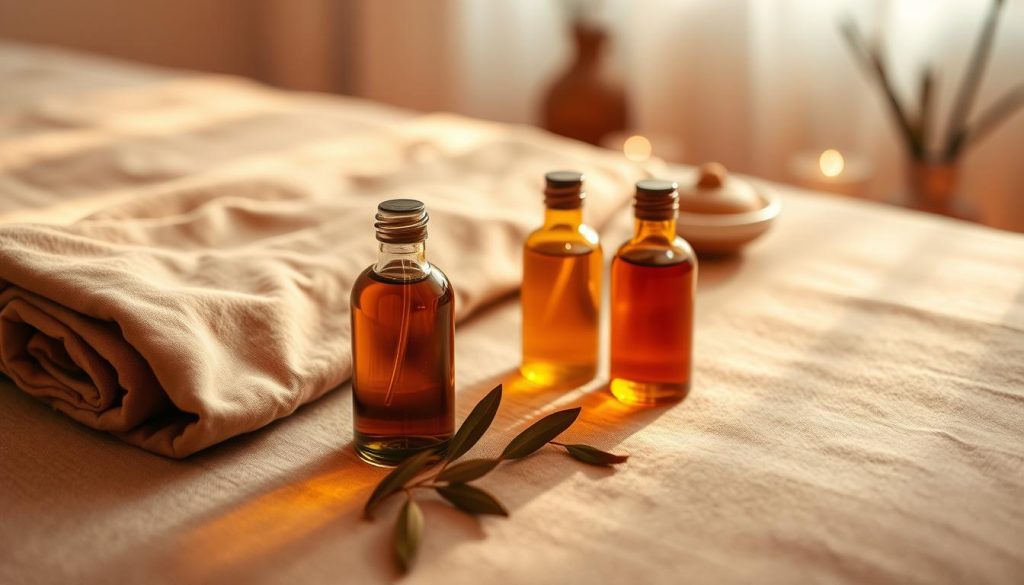A serene and tranquil scene of a massage table draped in soft, earthy-toned linens. Delicate glass bottles filled with richly-hued, aromatic plant-based oils stand nearby, ready to be gently massaged into the skin. Warm, diffused lighting casts a soothing glow, creating an atmosphere of relaxation and rejuvenation. The camera angle emphasizes the calming, holistic nature of the aromatherapy massage, with a focus on the natural, high-quality ingredients used. No human figures are present, allowing the viewer to immerse themselves in the tranquil, restorative experience. A serene and tranquil scene of a massage table draped in soft, earthy-toned linens. Delicate glass bottles filled with richly-hued, aromatic plant-based oils stand nearby, ready to be gently massaged into the skin. Warm, diffused lighting casts a soothing glow, creating an atmosphere of relaxation and rejuvenation. The camera angle emphasizes the calming, holistic nature of the aromatherapy massage, with a focus on the natural, high-quality ingredients used. No human figures are present, allowing the viewer to immerse themselves in the tranquil, restorative experience.
