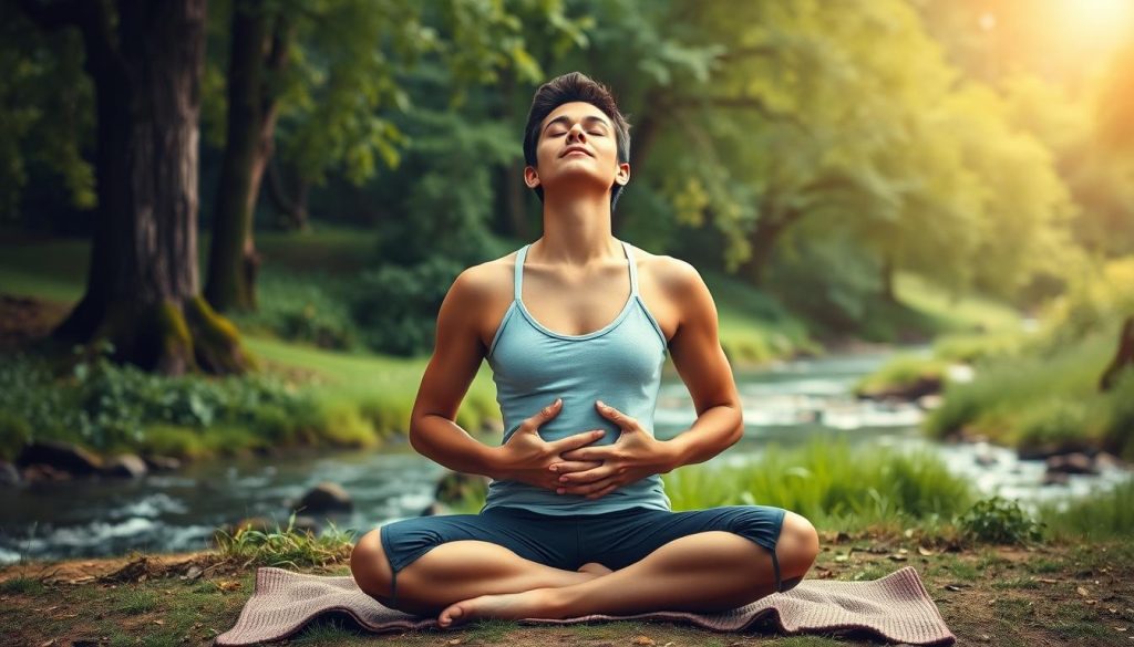 A serene and tranquil scene of a person practicing diaphragmatic breathing, or "belly breathing", in a peaceful natural setting. The individual is seated in a comfortable, cross-legged position, with their eyes closed and their hands resting gently on their abdomen. The background features a lush, verdant landscape with a gentle stream or river flowing nearby, surrounded by towering trees and a soft, diffused natural lighting that creates a calming, meditative atmosphere. The image conveys a sense of inner focus, relaxation, and the restorative power of integrating mindful breathing techniques into one's self-care routine. A serene and tranquil scene of a person practicing diaphragmatic breathing, or "belly breathing", in a peaceful natural setting. The individual is seated in a comfortable, cross-legged position, with their eyes closed and their hands resting gently on their abdomen. The background features a lush, verdant landscape with a gentle stream or river flowing nearby, surrounded by towering trees and a soft, diffused natural lighting that creates a calming, meditative atmosphere. The image conveys a sense of inner focus, relaxation, and the restorative power of integrating mindful breathing techniques into one's self-care routine.