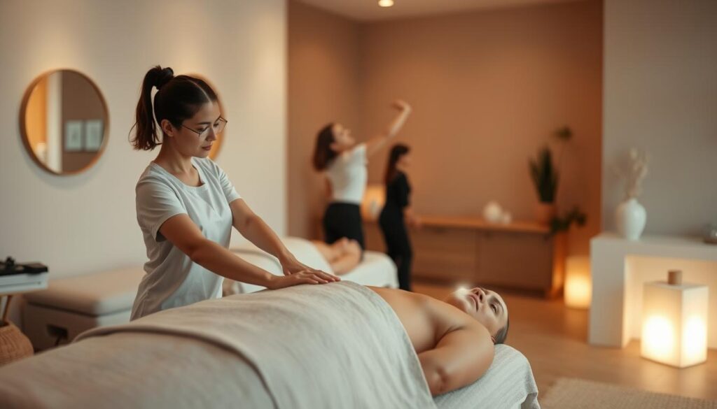 A serene and tranquil scene of professional massage therapists at work in a modern, minimalist studio. The room is bathed in warm, soft lighting, creating a calming atmosphere. In the foreground, a massage therapist skillfully kneads the muscles of a client, their hands moving with precision and expertise. In the middle ground, another therapist guides a client through a soothing stretching routine, their fluid movements in perfect harmony. The background features clean, simple furnishings and décor, allowing the focus to remain on the therapists and their craft. The overall impression is one of professionalism, relaxation, and the dedication of the massage practitioners.