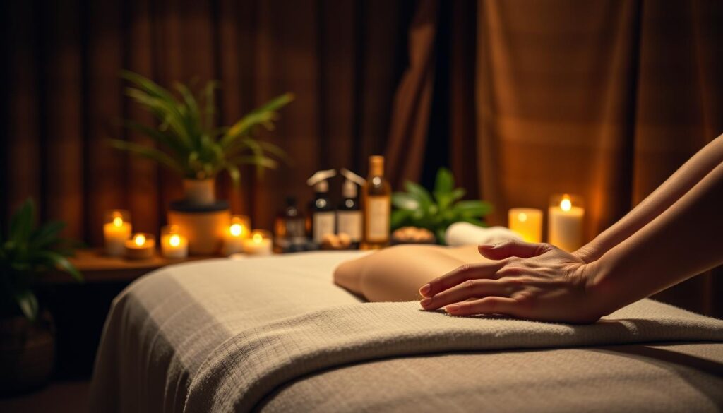A serene and tranquil scene of traditional Turkish massage techniques. A dimly lit room with warm, ambient lighting sets the calming atmosphere. In the foreground, expertly skilled hands gently knead and soothe tense muscles on a padded massage table. In the middle ground, a variety of massage oils and tools are neatly arranged, ready for use. The background features soothing greenery and natural textures, creating a harmonious and inviting space for relaxation and rejuvenation. The overall composition evokes a sense of harmony, balance, and the skilled, professional mastery of the classic massage arts.