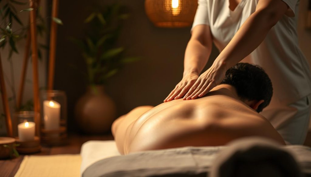 A serene and tranquil shiatsu massage scene, set in a dimly lit, calming studio. The masseuse's skilled hands glide effortlessly over the client's back, guiding the flow of vital energy along the meridian lines. Soft, warm lighting casts a soothing glow, while bamboo and natural elements create an atmosphere of zen-like harmony. The client's face is obscured, allowing the viewer to focus on the meditative experience. The composition captures the essence of shiatsu, a practice that balances the body's energy and promotes deep relaxation. A serene and tranquil shiatsu massage scene, set in a dimly lit, calming studio. The masseuse's skilled hands glide effortlessly over the client's back, guiding the flow of vital energy along the meridian lines. Soft, warm lighting casts a soothing glow, while bamboo and natural elements create an atmosphere of zen-like harmony. The client's face is obscured, allowing the viewer to focus on the meditative experience. The composition captures the essence of shiatsu, a practice that balances the body's energy and promotes deep relaxation.