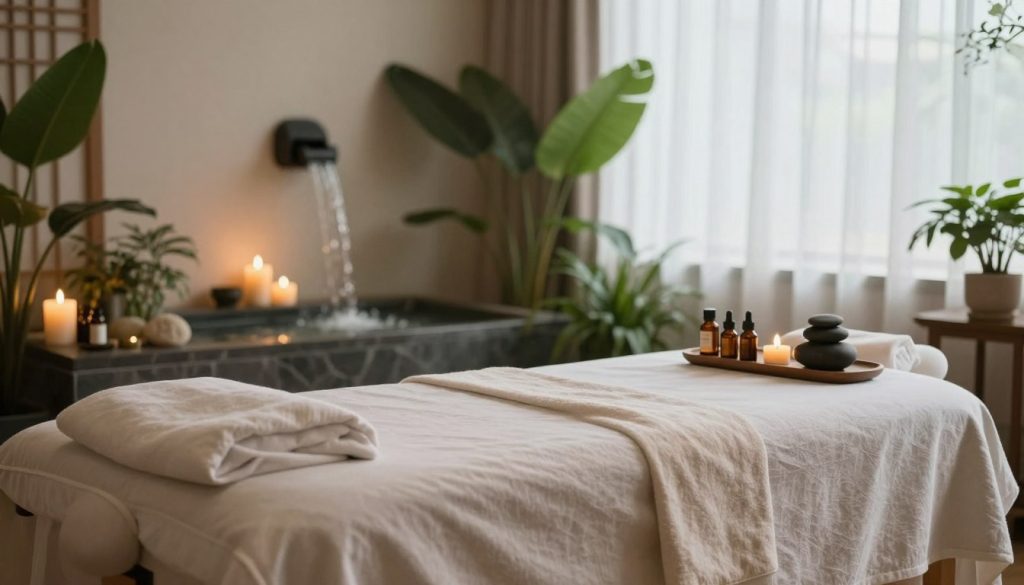 A serene and tranquil spa environment featuring a comfortable massage therapy room. In the foreground, a neatly arranged massage table with soft, neutral-toned sheets, surrounded by candles emitting a warm glow. Essential oils and natural stones are displayed artfully nearby, suggesting relaxation and balance. The middle ground shows lush indoor plants adding a touch of nature, while a gentle waterfall feature creates a soothing sound backdrop. In the background, soft natural light filters through sheer curtains, enhancing the calm atmosphere. The overall mood is peaceful and restorative, with a focus on harmony between mind and body, perfect for illustrating an experience centered on wellness and balance. A serene and tranquil spa environment featuring a comfortable massage therapy room. In the foreground, a neatly arranged massage table with soft, neutral-toned sheets, surrounded by candles emitting a warm glow. Essential oils and natural stones are displayed artfully nearby, suggesting relaxation and balance. The middle ground shows lush indoor plants adding a touch of nature, while a gentle waterfall feature creates a soothing sound backdrop. In the background, soft natural light filters through sheer curtains, enhancing the calm atmosphere. The overall mood is peaceful and restorative, with a focus on harmony between mind and body, perfect for illustrating an experience centered on wellness and balance.
