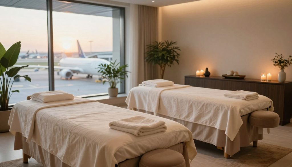A serene and tranquil spa environment located near Istanbul Airport, featuring a calming massage room. In the foreground, luxurious massage tables with soft, inviting linens set up in a pleasant arrangement. The middle ground showcases tasteful, minimalistic decor with soothing colors, including plants and decorative candles that exude a sense of relaxation. Large windows in the background let in warm, natural light, enhancing the peaceful atmosphere. A hint of an airport view outside, conveying proximity to the bustling travel hub, emphasizes the convenience of these services. The overall mood is soothing and inviting, designed to evoke a sense of relaxation and escape for travelers seeking comfort before or after their flights. A serene and tranquil spa environment located near Istanbul Airport, featuring a calming massage room. In the foreground, luxurious massage tables with soft, inviting linens set up in a pleasant arrangement. The middle ground showcases tasteful, minimalistic decor with soothing colors, including plants and decorative candles that exude a sense of relaxation. Large windows in the background let in warm, natural light, enhancing the peaceful atmosphere. A hint of an airport view outside, conveying proximity to the bustling travel hub, emphasizes the convenience of these services. The overall mood is soothing and inviting, designed to evoke a sense of relaxation and escape for travelers seeking comfort before or after their flights.
