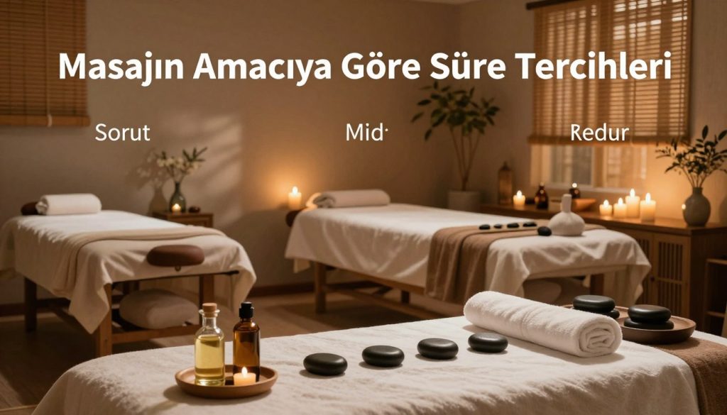 A serene and tranquil spa environment showcasing a variety of massage settings to illustrate "Masajın Amacına Göre Süre Tercihleri." In the foreground, display a beautifully arranged table with comfortable massage oils and stones, conveying relaxation. The middle layer features elegant massage rooms, each style differentiated by duration; a short session area with minimalist decor, a mid-length setting with soothing ambient lighting, and an extensive room adorned with candles and soft fabrics for longer sessions. In the background, soft lighting filters through bamboo blinds, casting gentle shadows across the scene. The overall atmosphere should evoke calmness and clarity, showcasing the natural elements and the importance of time in treatment without any human characters. A serene and tranquil spa environment showcasing a variety of massage settings to illustrate "Masajın Amacına Göre Süre Tercihleri." In the foreground, display a beautifully arranged table with comfortable massage oils and stones, conveying relaxation. The middle layer features elegant massage rooms, each style differentiated by duration; a short session area with minimalist decor, a mid-length setting with soothing ambient lighting, and an extensive room adorned with candles and soft fabrics for longer sessions. In the background, soft lighting filters through bamboo blinds, casting gentle shadows across the scene. The overall atmosphere should evoke calmness and clarity, showcasing the natural elements and the importance of time in treatment without any human characters.