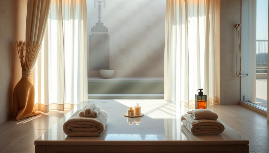 A serene and tranquil spa experience in the Anatolian side of Istanbul, where traditional Turkish baths and modern wellness treatments coexist harmoniously. The scene depicts a softly lit, minimalist interior with natural materials and soothing colors. A central focal point showcases a luxurious and inviting heated marble slab, surrounded by plush towels and aromatic oils. Diffused lighting filters through sheer curtains, creating a calming ambiance. The background features a subtle blend of architectural elements that evoke the rich cultural heritage of the region. An overall sense of balance, relaxation, and wellness pervades the scene. A serene and tranquil spa experience in the Anatolian side of Istanbul, where traditional Turkish baths and modern wellness treatments coexist harmoniously. The scene depicts a softly lit, minimalist interior with natural materials and soothing colors. A central focal point showcases a luxurious and inviting heated marble slab, surrounded by plush towels and aromatic oils. Diffused lighting filters through sheer curtains, creating a calming ambiance. The background features a subtle blend of architectural elements that evoke the rich cultural heritage of the region. An overall sense of balance, relaxation, and wellness pervades the scene.