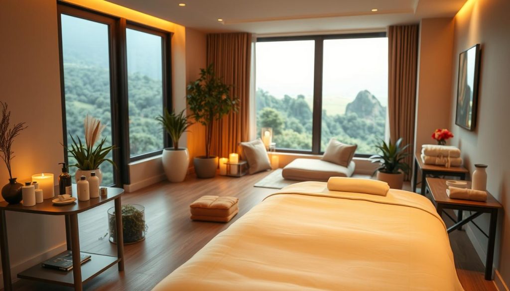 A serene and tranquil spa-like setting, featuring a modern and well-equipped massage therapy room. The room is bathed in warm, soft lighting, creating a calming and relaxing atmosphere. In the foreground, a high-quality massage table with crisp white linens stands ready for the massage session. Nearby, various massage oils, lotions, and tools are neatly arranged on a side table. The middle ground showcases soothing decor elements, such as potted plants, candles, and a plush seating area. In the background, a large window offers a view of a lush, verdant landscape, further enhancing the peaceful and rejuvenating ambiance. The overall scene conveys a sense of professionalism, comfort, and the promise of a truly restorative massage and spa experience. A serene and tranquil spa-like setting, featuring a modern and well-equipped massage therapy room. The room is bathed in warm, soft lighting, creating a calming and relaxing atmosphere. In the foreground, a high-quality massage table with crisp white linens stands ready for the massage session. Nearby, various massage oils, lotions, and tools are neatly arranged on a side table. The middle ground showcases soothing decor elements, such as potted plants, candles, and a plush seating area. In the background, a large window offers a view of a lush, verdant landscape, further enhancing the peaceful and rejuvenating ambiance. The overall scene conveys a sense of professionalism, comfort, and the promise of a truly restorative massage and spa experience.