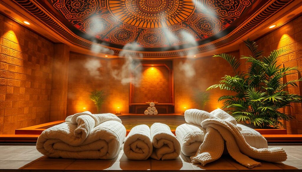 A serene and tranquil spa-like setting, with a traditional Turkish hamam (bathhouse) as the central focus. The room is filled with warm, golden light, creating a cozy and inviting atmosphere. The hamam's domed ceiling is adorned with intricate tile patterns, casting beautiful reflections on the steam-filled air. In the foreground, plush towels and luxurious robes are neatly folded, inviting the viewer to indulge in a moment of pure relaxation. The background features lush greenery, adding a sense of balance and harmony to the scene. The overall impression is one of total rejuvenation and wellness, perfectly encapsulating the "Spa ve Hamam Deneyimleriyle Bütünsel Rahatlama" theme. A serene and tranquil spa-like setting, with a traditional Turkish hamam (bathhouse) as the central focus. The room is filled with warm, golden light, creating a cozy and inviting atmosphere. The hamam's domed ceiling is adorned with intricate tile patterns, casting beautiful reflections on the steam-filled air. In the foreground, plush towels and luxurious robes are neatly folded, inviting the viewer to indulge in a moment of pure relaxation. The background features lush greenery, adding a sense of balance and harmony to the scene. The overall impression is one of total rejuvenation and wellness, perfectly encapsulating the "Spa ve Hamam Deneyimleriyle Bütünsel Rahatlama" theme.