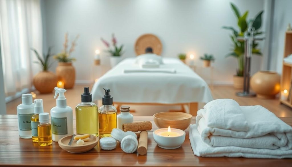A serene and tranquil spa-like setting, with a variety of massage techniques on display. The foreground features an array of massage oils, lotions, and tools, neatly arranged on a polished wooden surface. In the middle ground, a massage table is positioned, draped with crisp, white linens, inviting the viewer to envision the relaxing experience. The background depicts a calming, minimalist environment with soothing natural elements, such as potted plants and soft, diffused lighting, creating an atmosphere of well-being and rejuvenation. The overall mood is one of peaceful tranquility, reflecting the diverse range of massage techniques available in the region. A serene and tranquil spa-like setting, with a variety of massage techniques on display. The foreground features an array of massage oils, lotions, and tools, neatly arranged on a polished wooden surface. In the middle ground, a massage table is positioned, draped with crisp, white linens, inviting the viewer to envision the relaxing experience. The background depicts a calming, minimalist environment with soothing natural elements, such as potted plants and soft, diffused lighting, creating an atmosphere of well-being and rejuvenation. The overall mood is one of peaceful tranquility, reflecting the diverse range of massage techniques available in the region.
