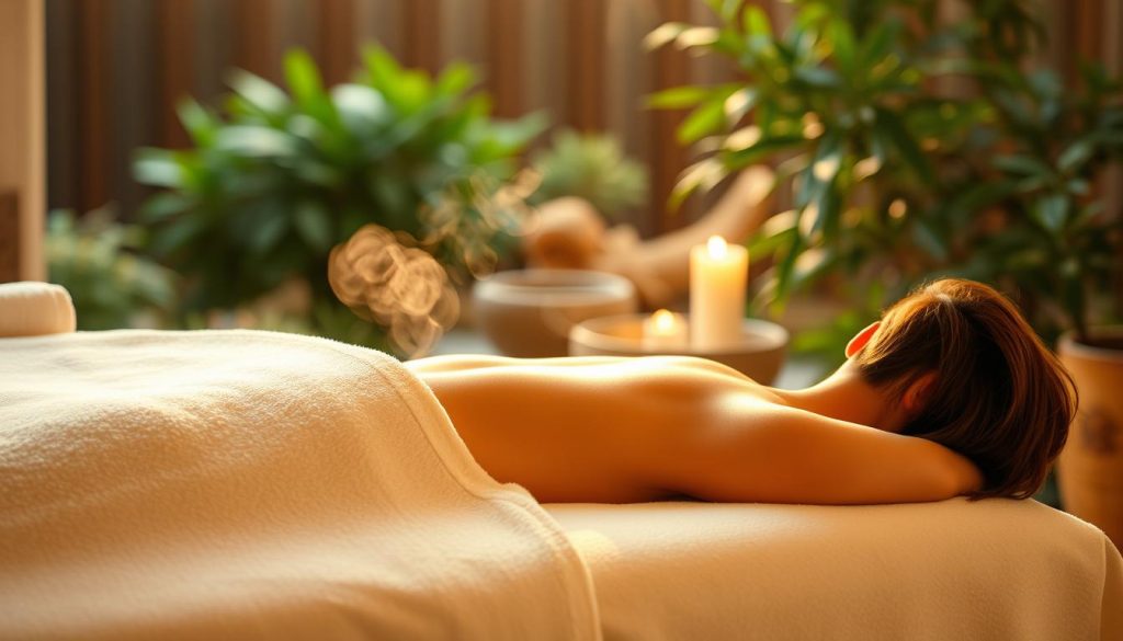 A serene and tranquil spa scene, bathed in warm, soothing lighting. The focal point is a relaxing massage table, its plush surface inviting the viewer to indulge in the restorative power of touch. Wisps of steam gently rise, evoking a sense of rejuvenation. The background features lush greenery, perhaps a zen garden, creating a harmonious and calming atmosphere. Soft, neutral tones predominate, conveying a sense of balance and well-being. The overall composition emphasizes the therapeutic benefits of massage, promoting a state of deep relaxation and holistic healing. A serene and tranquil spa scene, bathed in warm, soothing lighting. The focal point is a relaxing massage table, its plush surface inviting the viewer to indulge in the restorative power of touch. Wisps of steam gently rise, evoking a sense of rejuvenation. The background features lush greenery, perhaps a zen garden, creating a harmonious and calming atmosphere. Soft, neutral tones predominate, conveying a sense of balance and well-being. The overall composition emphasizes the therapeutic benefits of massage, promoting a state of deep relaxation and holistic healing.