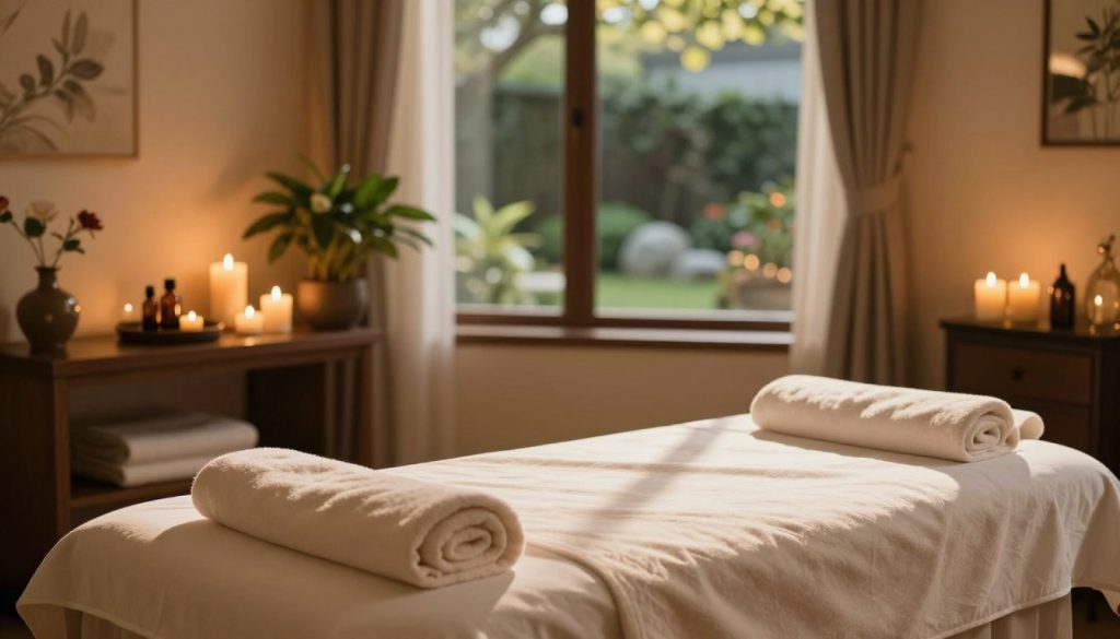 A serene and tranquil spa scene depicting a luxurious boutique massage environment. In the foreground, a neatly arranged massage bed with plush towels and calming essential oils, softly lit by warm, ambient lighting. In the middle, a beautifully decorated room with elegant decor, including candles, potted plants, and calming colors to create a relaxing atmosphere. The background features a large window revealing a peaceful garden, filtered sunlight casting gentle shadows across the room. Overall, the composition emanates a sense of relaxation and refinement, inviting viewers to appreciate the comforting appeal of boutique massage services. The mood is calming and serene, perfect for illustrating the essence of a personalized massage experience. A serene and tranquil spa scene depicting a luxurious boutique massage environment. In the foreground, a neatly arranged massage bed with plush towels and calming essential oils, softly lit by warm, ambient lighting. In the middle, a beautifully decorated room with elegant decor, including candles, potted plants, and calming colors to create a relaxing atmosphere. The background features a large window revealing a peaceful garden, filtered sunlight casting gentle shadows across the room. Overall, the composition emanates a sense of relaxation and refinement, inviting viewers to appreciate the comforting appeal of boutique massage services. The mood is calming and serene, perfect for illustrating the essence of a personalized massage experience.